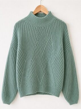 FRNCH Paris Sage Green Fuzzy Mock Neck Ribbed Sweater Size S/M Soft Cozy